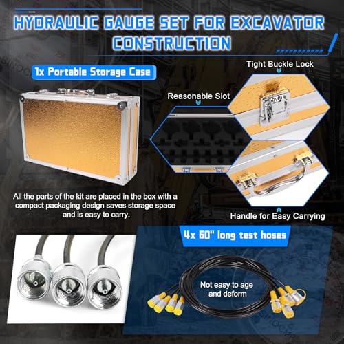 Hydraulic Pressure Gauge Test Kit, 4 Pressure Gauges, 4 Test Hoses, 10 Couplings, 3 Tee Connectors for Excavator Construction Machinery(Gold) - size: Gold 4 Gauges 10 Couplings 3 Tee Connectors