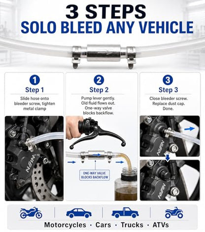 Brake Bleeder Kit, 2PCS One Way Check Valve Brake Bleeder Hose Set, Universal One-Person Brake Fluid Bleeder Kit for Auto Motorcycle Clutch, Brake System Bleeding Tool with Metal Clamps