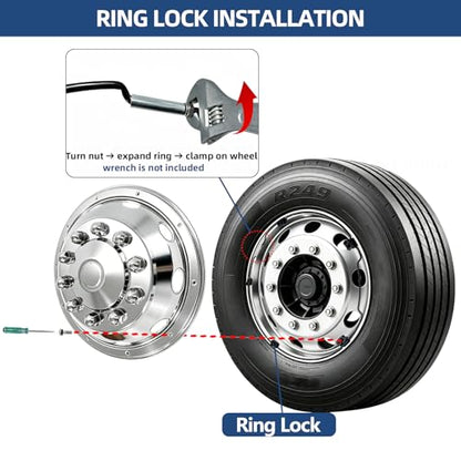 hightall 22.5" Wheel Simulators,Stainless Steel Hubcaps,Polished Surface,2 Front+2 Rear Wheel,Locking Ring Installation Wheel Cover Set Compatible with US Single Rear Axle Semi Truck 4 Wheels - size: 22.5 "For Semi Truck Single Rear Axle