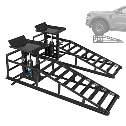 Heavy Duty Hydraulic Car Ramp 2 PCS, 11050LBS 5T Car Ramps with Hydraulic Jack, Steel Car Ramps for Oil Changes High Lift 9"-14.6" Black - color: Black-45.5l*13w*14.6h