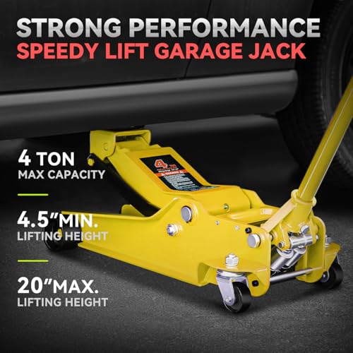 PM PERFORMOTOR Low Profile Hydraulic Trolley Service/Floor Jack, 4 Ton (8000 lbs) Capacity, Lifting Range 4.5"-20", Yellow,PM-TOL-FJ40-YL - color: Yellow