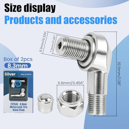 Silver Aluminum 90 Degree CNC Motorcycle Tire Valve Stems TV25AL for Aprilia, Ducati, KTM, Easy Installation, 0.357"/8.3mm+0.3mm Valve Hole Dia, Pack of 2