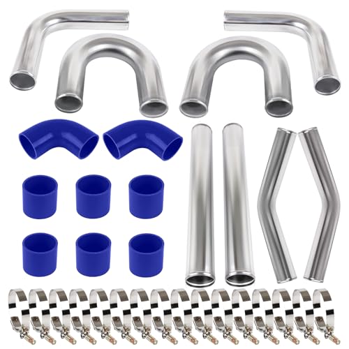 3" 60cm Universal Aluminum Intercooler Pipe Kit Polished Aluminum Turbo Intercooler Pipe+8 Blue Hose+16 Clamps Kit - size: 3 inch