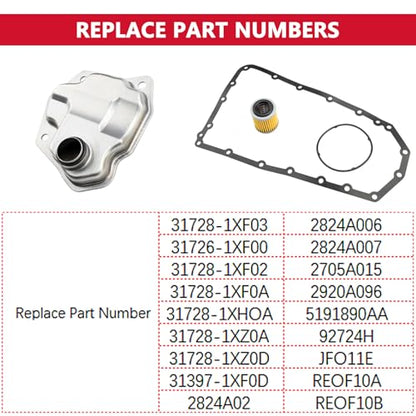 Transmission Filter Oil Pan Gasket Kit Fits for Nissan Altima Rogue Juke NV200 1.6 2.0 2.5 3.5L with JF011E Gearbox Replace Part Number 31728-1XF03 31726-1XF00 31728-1XF02 31728-1XF0A 31728-1XHOA