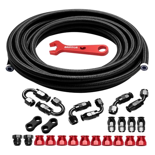 6AN PTFE Fuel Line Kit, 6AN 20FT E85 Nylon Braided PTFE Fuel Line Hose With AN6 Hose End Fitting & AN Fitting Wrench for LS Swap EFI System - color: Black & Red, size: 6AN 20FT