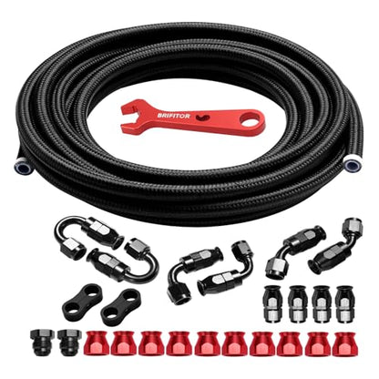6AN PTFE Fuel Line Kit, 6AN 20FT E85 Nylon Braided PTFE Fuel Line Hose With AN6 Hose End Fitting & AN Fitting Wrench for LS Swap EFI System - color: Black & Red, size: 6AN 20FT