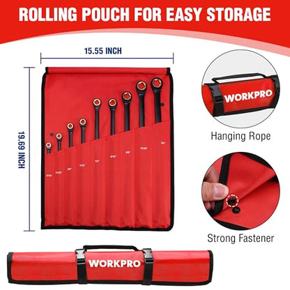 WORKPRO Extra Long Ratcheting Wrench Set, 9-Piece Anti-Slip Double Box End Wrench Set, SAE 5/16-3/4 in, 72-Tooth, Cr-V Steel and Black Electrophoretic Coating Wrenches with Rolling Pouch - size: SAE