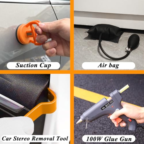 Paintless Dent Repair Kit with Enhanced Glue Tabs,Car Dent Removal Tool Set for Hail Damage, Door Dings, Body Dents – Includes PDR Hammer,100W Hot Glue Gun, Suction Cup & Repair Accessories - color: Yellow