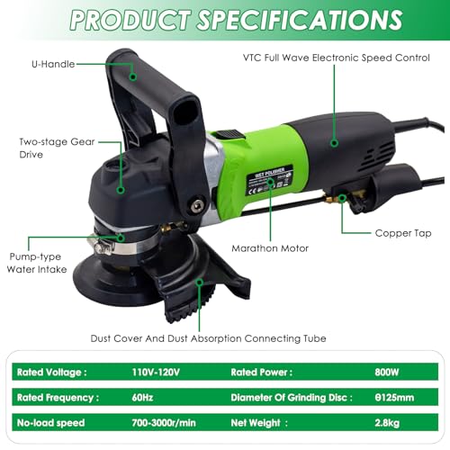 800W Electric Wet Stone Polisher 4'' Variable Speed Grinder Buffing Machine, Countertop Concrete Polisher with 7PCS Diamond Polishing Pads for Granite, Tile, Cement Floor