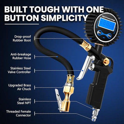 Digital Tire Gauge with Inflator & Deflator - LED Display & 0.1 PSI Resolution - Quick Release Valve & Heavy Duty Chuck - w/Adapter for Car, Truck, SUV, Motorcycle, RV, Balls - size: Classic