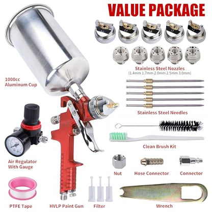 HVLP Spray Gun 1.4/1.7/2.0/2.5/3.0mm Kit with 1000cc Aluminum Cup - color: red