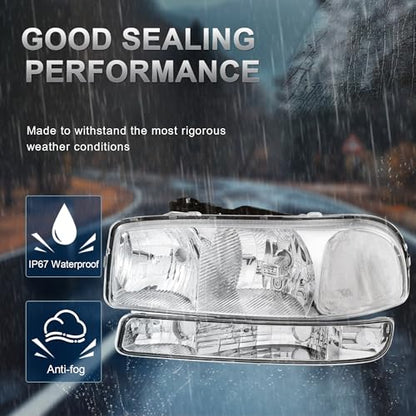 KUIPERAUTO Headlight Assembly Front Lamp Compatible with 1999-2006 GMC Sierra 1500 2500, 2000-2006 GMC Yukon Headlamp w/Bulb Chrome Housing/Clear Lens/Clear Corner - color: Chrome/Clear/Clear