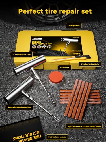 AUTOWN Flat Tire Repair Kit 15pcs, Heavy Duty Tire Plug Kit to Fix Puncture