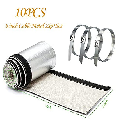 Aluminized Heat Shroud Sleeving Heat Shield Fuel line Wire Protection Silver Hose Heat wrap with 10 Pcs Metal Zip Ties (1/2''I.D. x 10FT) - color: silver, size: 1/2''I.D.