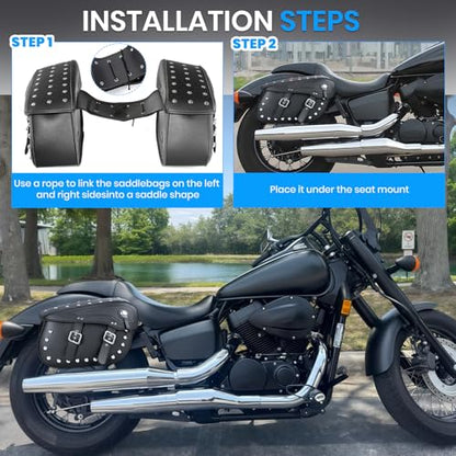 Pair of Motorcycle Saddlebags with Studded Rivet Design, 30L Large Capacity Water-Resistant PU Leather Bags, Quick-Release with Braided Straps