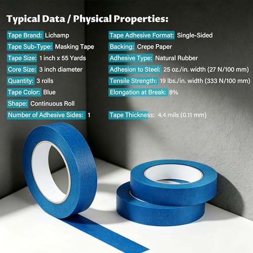 Lichamp 3 Pack Blue Painters Tape, 1 inch x 55 Yards x 3 Rolls