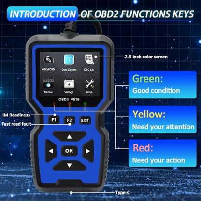 OBD2 Scanner Diagnostic Tool - Check Engine Light Code Reader, Reset Function, Data Stream, I/M Readiness, Full Features, Modes 6 & 8, for All 1996+ Vehicles, Automotriz Scanner - color: Blue