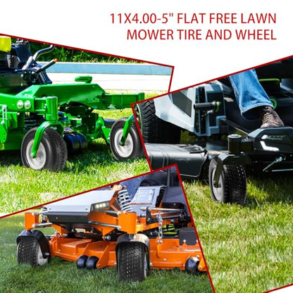 (2-Pack) 11x4.00-5 Flat-Free Lawn Mower Tires and Wheels, 3.4" Centered Hub, 3/4" & 5/8" & 1/2" Bushings, Zero Turn Front Replacement - size: 11x4-5 Flat Free Tire(Silver Rim)