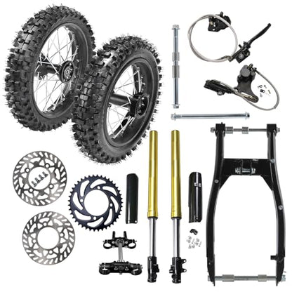 Front Motorcycle Tire 60/100-14 & Rear Knobby Tire 80/100-12 Disc Brake Wheel Rim, 15mm Bearing & 14'' Rear Swing Arm & Front Fork 45mm/48mm for Pit Dirt Bike 110cc 125cc 140cc - size: Front 14 + Rear 12