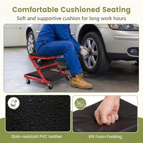 IRONMAX Folding Mechanic Z-Creeper, 2-in-1 Automotive Creeper & Stool, Red