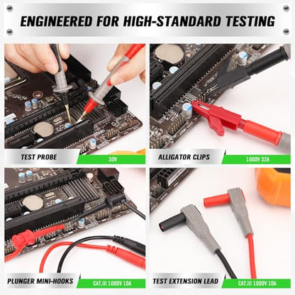 SWANLAKE 27-Piece Multimeter Test Leads Set, CAT.III 1000V / CAT.IV 600V Multimeter Probes with Alligator Clips, Needle Probe, Replaceable Probe Accessories, Soft PVC Volt Meter Lead - color: 27PCS Red&Black