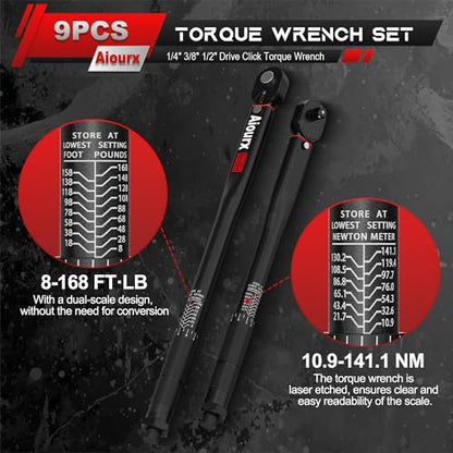 Torque Wrench Set 9PCS, 1/4" 3/8" 1/2" Drive Click Torque Wrench, 72 Tooth Dual-Direction Adjustable, Dual Scale, ±3% Accuracy, for Bicycle, Motorcycle, Automotive Repair and Maintenance - size: 9pcs