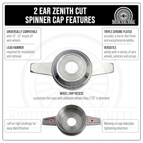 Zenith Style 2 Ear Cut Spinner Cap (Single Left) | Left Side Triple Chrome Plated 2 Bar/Wing Straight Knock Off Spinner Cap with Wheel Chip Recess | for Lowriders with Wire Wheels - color: Chrome, style: Single Left