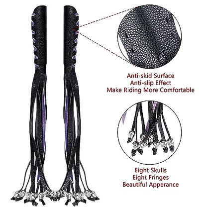 2 PCS Faux Leather Motorcycle Lever Covers with Fringes, Motorcycle Brake Clutch Lever Covers Grip Tassels Motorcycle Handlebar Handle Grip Covers, Fringed Leather Lever Covers Wraps with Skulls - color: Black & Purple Laces*1 & Black Laces*1