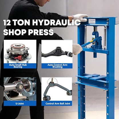 GAOMON Heavy Duty 12 Ton Hydraulic H-Frame Shop Press – Adjustable Table & Stamping Plates – Manual Hydraulic Power for Automotive, Garage, Bearing Removal, Metalworking – 12T, Blue