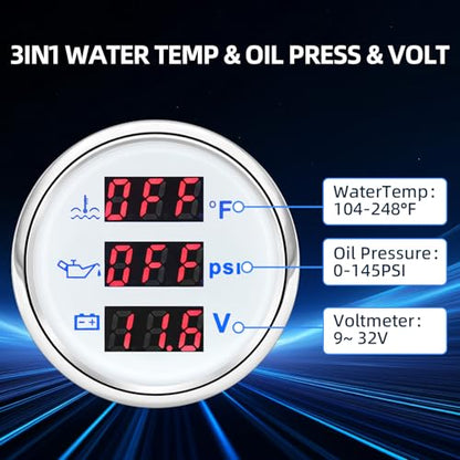 MH Triple Gauge Set - Water Temp (104°F-248°F), Oil Pressure (0-145PSI), Voltmeter (9-32V), AUTO Gauge with Sensors 2" 52mm 3-in-1 Boat Marine Meter Kit (White) - color: White