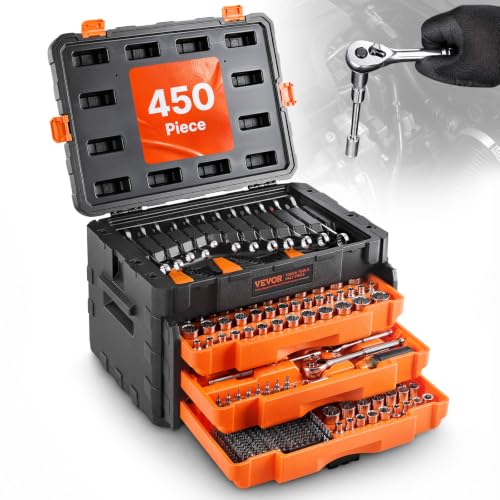 VEVOR Mechanics Tool Set and Socket Set, 450 PCS, 1/4" 3/8" 1/2" Drive - size: 450-PCS