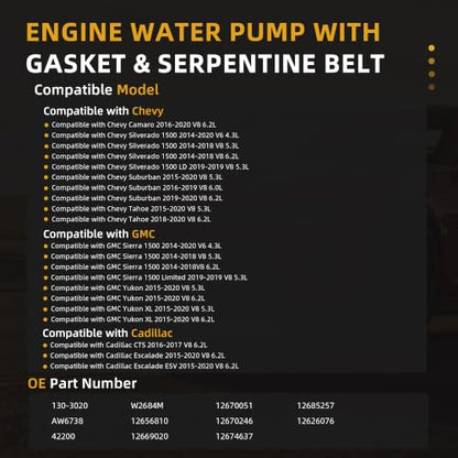 Engine Water Pump with Gasket + V-Ribbed Serpentine Belt