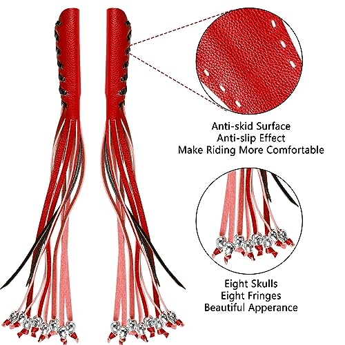 2 PCS Faux Leather Motorcycle Lever Covers with Fringes, Motorcycle Brake Clutch Lever Covers Grip Tassels Motorcycle Handlebar Handle Grip Covers, Fringed Leather Lever Covers Wraps with Skulls - color: Red & Black Laces*1 & Red Laces*1