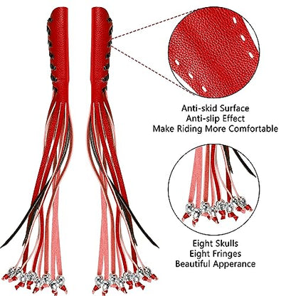 2 PCS Faux Leather Motorcycle Lever Covers with Fringes, Motorcycle Brake Clutch Lever Covers Grip Tassels Motorcycle Handlebar Handle Grip Covers, Fringed Leather Lever Covers Wraps with Skulls - color: Red & Black Laces*1 & Red Laces*1