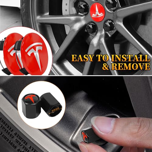 4 Pack Wheel Center Cover for Tesla Model 3 & Model Y,56mm Hubcaps Wheel Rim Cover Tesla Center Caps Hubcaps+4 Car Valve Stem Caps (Red+Silver Emblem) - color: Red+Silver Emblem