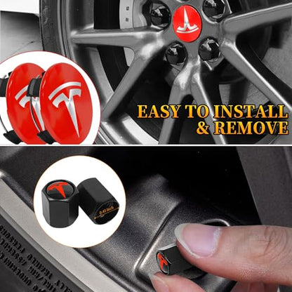 4 Pack Wheel Center Cover for Tesla Model 3 & Model Y,56mm Hubcaps Wheel Rim Cover Tesla Center Caps Hubcaps+4 Car Valve Stem Caps (Red+Silver Emblem) - color: Red+Silver Emblem