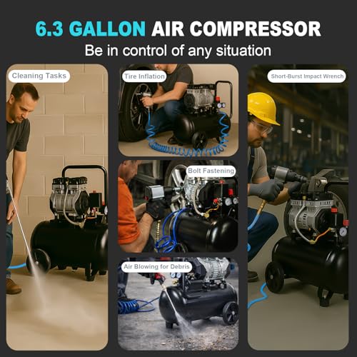 AAIN Ultra Quiet Air Compressor, 6.3 Gallon, Oil-Free, 1.5HP, 6 CFM, 116PSI