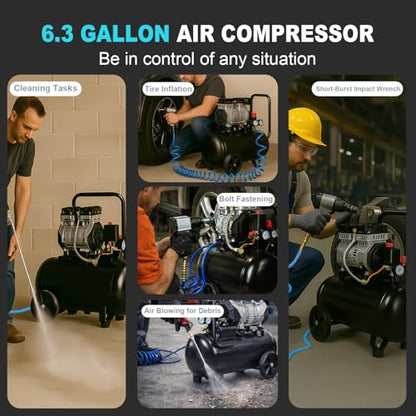 AAIN Ultra Quiet Air Compressor, 6.3 Gallon, Oil-Free, 1.5HP, 6 CFM, 116PSI