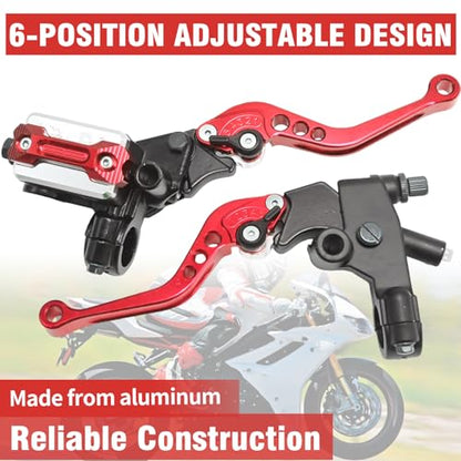 Universal Motorcycle Brake Lever 7/8" 22mm Handlebar Brake Master Cylinder Clutch Levers Set, Hand Grips, Handlebar Ends Replacement for Harley Honda Kawasaki Suzuki Yamaha, Red Left + Right