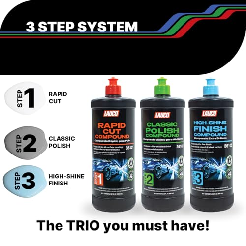 LAUCO 3-Step Kit – Steps 1 2 3 – 32oz, with a Towel, Professional Silicone-Free Cutting, Polishing & Finishing Compounds for Scratch Removal, Clear Coat Safe High-Gloss Finish 36101 - style: Combo–32oz