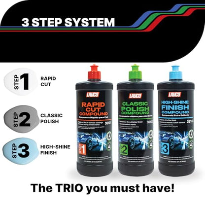 LAUCO 3-Step Kit – Steps 1 2 3 – 32oz, with a Towel, Professional Silicone-Free Cutting, Polishing & Finishing Compounds for Scratch Removal, Clear Coat Safe High-Gloss Finish 36101 - style: Combo–32oz