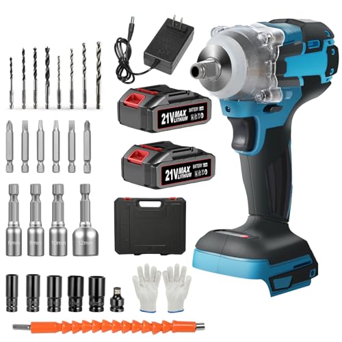Jadeshay Cordless Impact Wrench, 1/2 inch Electric Impact Wrench with 2 * 3.0 Ah Battery & 4 Sockets, Sleeves, Drill Bits, Twist Drills, High Torque Impact Gun for Car Repairs/DIY Furniture