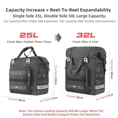 Rhinowalk Motorcycle Saddlebags Waterproof 25L Saddle Bag Quick Release side bag Fits Most Adventure and Sports Bike Motorcycle Racks,1 pack - size: 25L