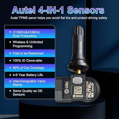 Autel TPMS Sensor 4 Pack, MX-Sensor 2in1 315MHz 433MHz Press-in OE-Level Programmable Tire Pressure Sensor, Rubber Valve Stem, Works with TS508 TS408 TS608 MS906PRO-TS