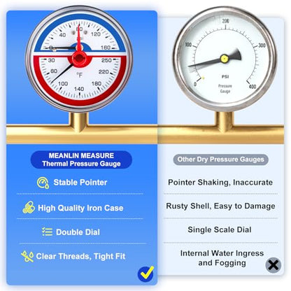 MEANLIN MEASURE 0-160Psi Thermal Pressure Gauge,0-250℉ 1/4" NPT 2.5" FACE DIAL, Boiler Temperature Pressure Gauge with Reset Pointer, with 1/2" NPT and 3/8" NPT Hex Bushing, Back Mount - size: Back Mount, style: Dry