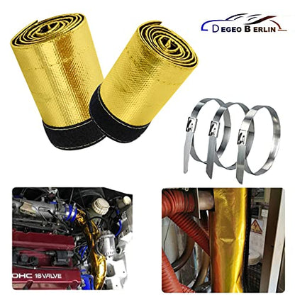 Heat Shroud Sleeving Exhaust Heat Shield Tape 1.5''I.D. x 10FT Fuel line Wire Heat Sleeve Golden Hose Heat wrap for Ultimate Hi-Temp Protection with 10PCS Metal Zip Ties - color: gold, size: 1.5''I.D.