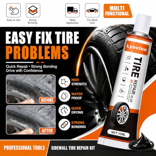 Tire Repair Kit with Tire Glue & Rubber Cement - Heavy Duty Tire Repair Glue for Car, Truck, Motorcycle - Fix a Flat Tire Sealant & Puncture Plug Kit - Durable Tire adhesive Sidewall Repair 2pcs