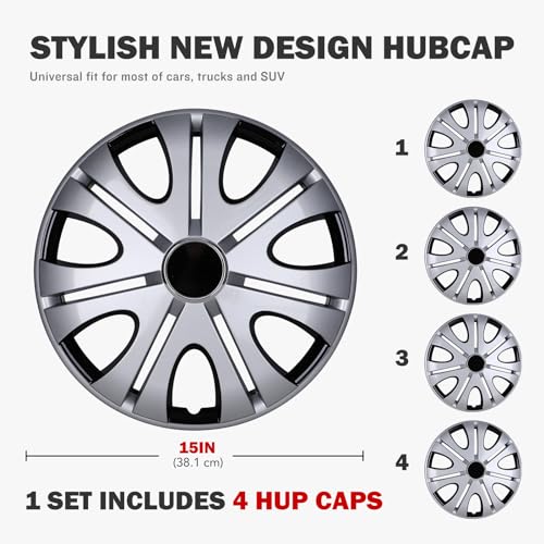 15inch Wheel Guards – (4 Pack) Hubcaps for Car Wheel Covers - color: 5082-Silver & Black-15