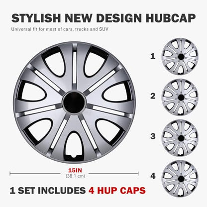 15inch Wheel Guards – (4 Pack) Hubcaps for Car Wheel Covers - color: 5082-Silver & Black-15