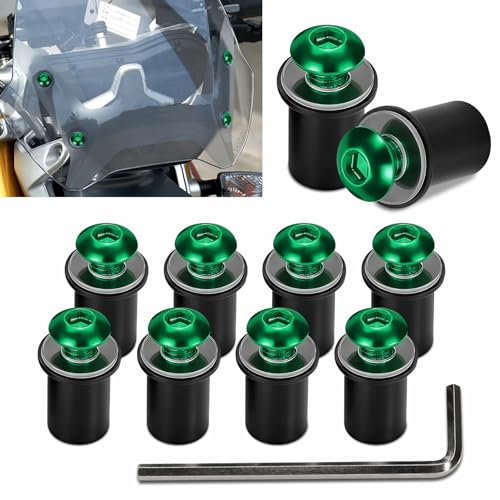 10PCS Motorcycle Windshield Bolts Screws Kit, Windshield Bolt, Windscreen Body Mounting Bolts Nuts Washers with Wrench, Aluminum Alloy Motorbike Windscreen Body Fasteners for Cars (Green) - color: Green